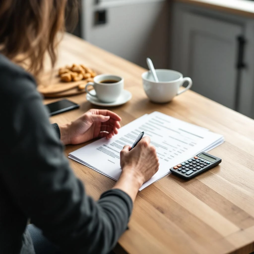 Offertedocument op Belgische keukentafel - pen en rekenmachine voor schatting
